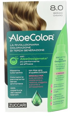 Zuccari AloeColor 8.0 Biondo Chiaro, Kit di Colorazione Permanente Senza Ammoniaca e Parafenilendiammina, Arricchito con AloeOssigenata. Brevettata, Copertura Totale dei Capelli Bianchi