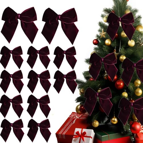 12 Stück Weihnachtsbaumschleifen – 12,7 x 17,8 cm Samtschleifen für Weihnachtsbaum, Vintage-Band, Samtschleifen für Kränze, Girlande, Geschenke, Tür, Heimdekoration, Weihnachtsbaumschleifen für