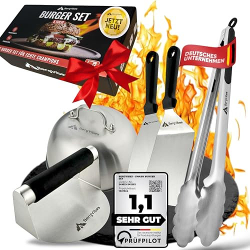BERGVIBES Smash Burger Set da 5 pezzi in acciaio inox, accessori Plancha, campana hamburger, paletta per barbecue, spatola per barbecue, pinza per barbecue, set per hamburger, set regalo ideale (set