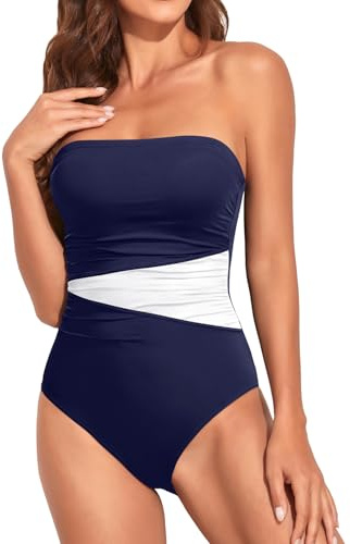 Holipick Women Tummy Control One Piece Swimsuits Strapless Bandeau Bathing Suits Slimming Halter Swimwear, Navy Blue and White, XL
