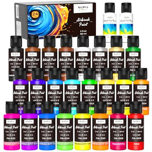Nicpro Lot de 24 peintures pour aérographe - 60 ml - Prêt à pulvériser