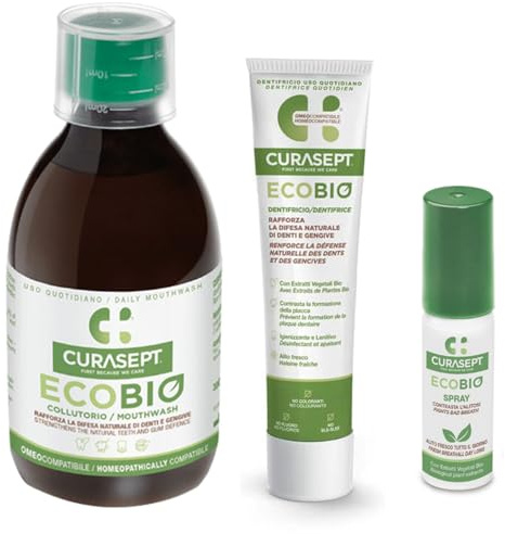 EcoBio Curasept Kit Igiene Orale | Collutorio 300 ml + Dentifricio 75 ml + Spray Orale 20 ml | Protezione Gengive e Alito Fresco | Estratti Vegetali Bio | Senza Fluoro e Coloranti