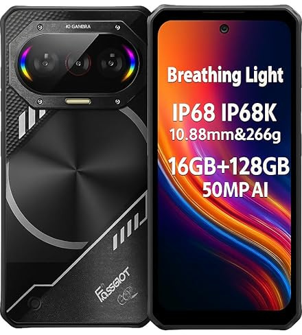 FOSSiBOT F114 Smartphone Incassable, Design Fin&Léger, Lumière Respirante, 16Go+128Go, 6,67'' HD+, 50MP IA Triple Caméra, IP68 IP68K Étanche Antichoc Robust Téléphone Portable, Android 15, GPS NFC