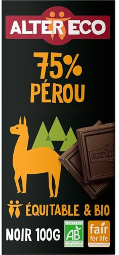 ALTER ECC – Chocolat Noir Intense 75% du Pérou Bio, Saveur Riche et Authentique (Tablette 100g) - Le lot de 4