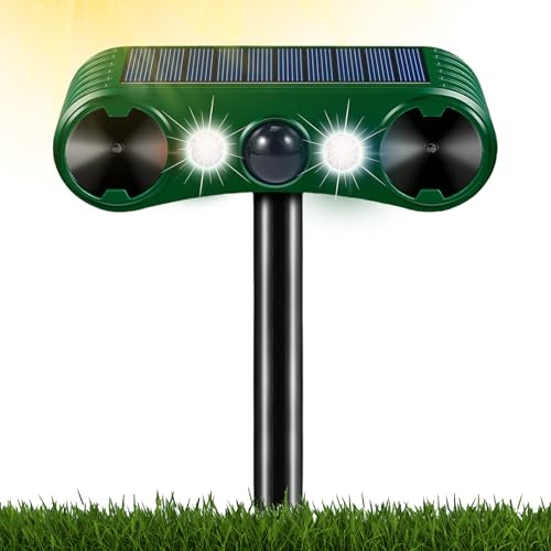 Repelente ultrasónico para gatos, disuasorio de gatos, alimentado por energía solar, 2 modos, impermeable IP55, repelente de animales salvajes con sensor de movimiento PIR y flash para granja, jardín