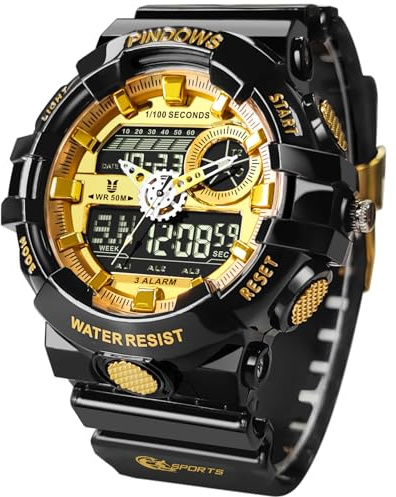 PINDOWS Orologi da uomo, con luce a LED, orologio sportivo grande digitale, analogico, doppio fuso orario, multifunzione, orologio da polso militare, 3 allarmi, conto alla rovescia, cronometro, G603N7
