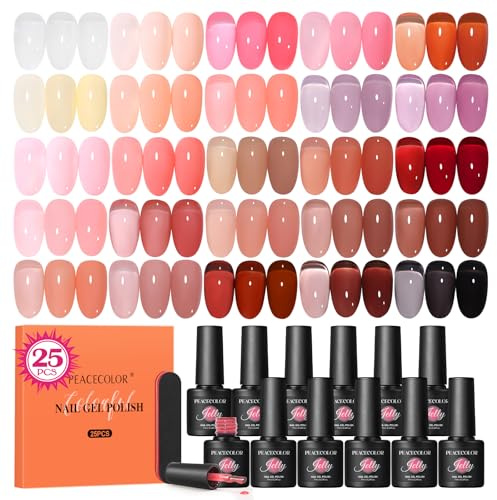 Peacecolor Smalto Semipermanente Unghie, 25 Colori Smalti Semipermanenti per Unghie Bianco Latte Nude Rosa Rosso Jelly Gel Polish, French Manicure Soak-Off UV/LED per Nail Art Salone