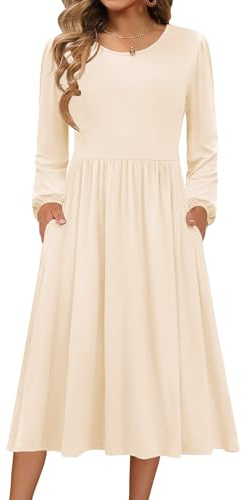 Zeagoo Abito da donna, a maniche lunghe, girocollo, autunno, linea ad A, abito per il tempo libero, con tasche, beige., XL