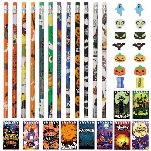 CYIOU 36 Piezas Halloween Lápiz Conjunto de Papelería con 12 Lapices Halloween 12 Gomas de Borrar 10 Cuadernos 2 Sacapuntas para Regalos Halloween Niños Relleno de Fiesta