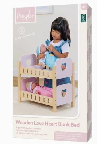 Wooden Love Heart Bunk Bed for Dolls, Pink and Natural Wood, Double Tier Doll Furniture, Age 3+