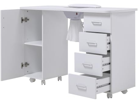 Warmiehomy Professional Dressing Vanity Desk Nail Table Mobile Manicure Nail Tables with Built-in Nail Dust Collection 4 Drawers 1 Cabinet Salon Workstation Manicure Nail Desk 120x45x80 cm(White)
