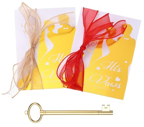 YOKIVE Wedding Day Vow Card Set, (7.87 x 5.51-Inch, Red/Gold), Vow Card with Key Shape Pen for Her & Him Ribbon Version B, Gold Foil, Great Gift for Bride Groom Bridal Wedding