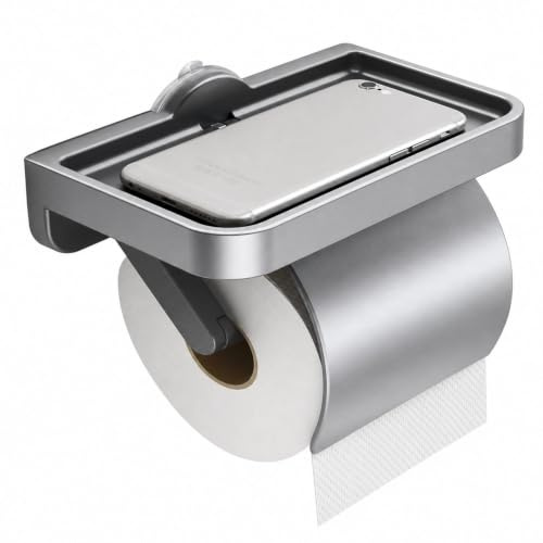 Porte Papier Toilette Mural avec Étagère, Support Papier Toilette sans Perçage à Ventouse, Dérouleur Papier Toilette avec Couvercle, Porte Rouleau Papier Toilette pour Salle de Bain, Gris