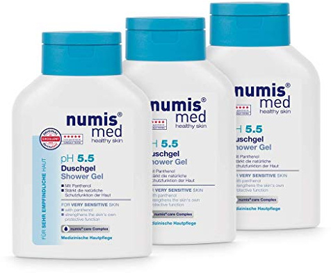 numis med Duschgel ph 5.5 3er Pack - Hautberuhigendes Shower Gel für sehr empfindliche & sensible Haut - vegane Hautpflege ohne Silikone, Parabene & Mineralöl - Showergel (3x 200 ml)
