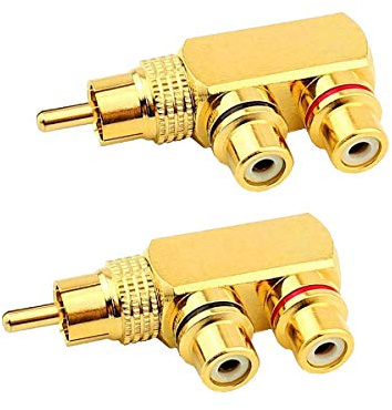 Kework - Splitter RCA ad angolo retto a 90°, da 1 RCA maschio a 2 RCA femmina, placcato oro 1 to 2 Way