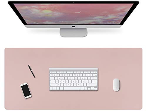 Alfombrilla de Escritorio, Estera Protector de Escritorio Oficina, Grande Vade de Cuero PU 90 cm x 40 cm, Antideslizante Estera de Escritura Mouse Pad del Ordenador Portátil, Doble Cara (Rosa/Plata)