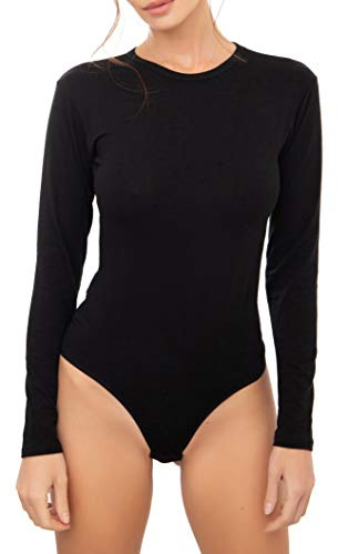 Avely Body basique à manches longues pour femme en coton avec col rond L Body pour femme L Jupsuit l Combinaison L Blouse, Noir , XL