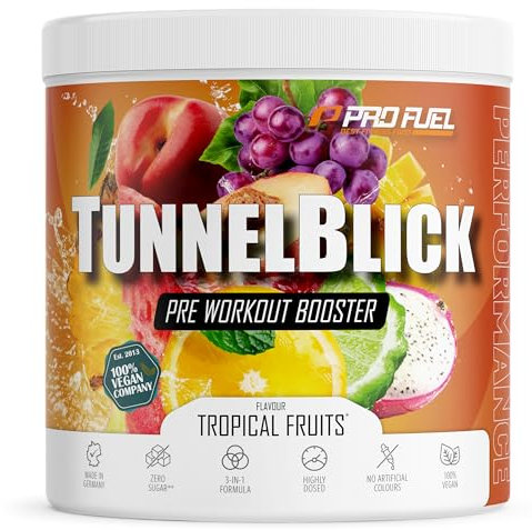 Pre-Workout-Booster³ TROPICAL FRUITS 440g - unglaublich lecker - TUNNELBLICK Trainingsbooster³ mit Citrullin, Arginin, Taurin, Koffein, Guarana und Magnesium - optimal hochdosiert - 100% vegan