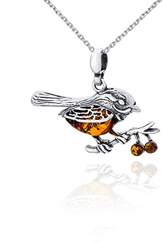 AMBEDORA Collar Mujer Ámbar Gorrión, Plata de Ley Oxidada, Ámbar Báltico en Color Coñac, Colgante de Plata con Cadena