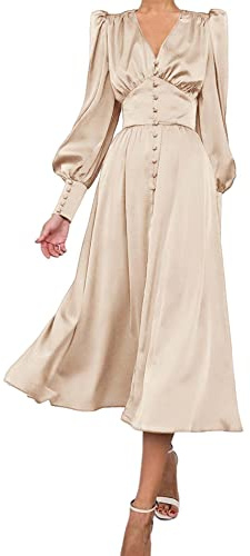 Hahaemma - Vestido de satén para mujer elegante de manga larga, monocolor, estilo retro, con cuello en V, manga acampanada, largo, para fiesta, graduación, vestido de satén, beige, M