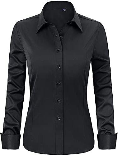 J.VER Black Shirts for Women Long Sleeve Fitted Stretch Button Down Dress Shirt Work Office Business Casual Formal Blouse Shirts L