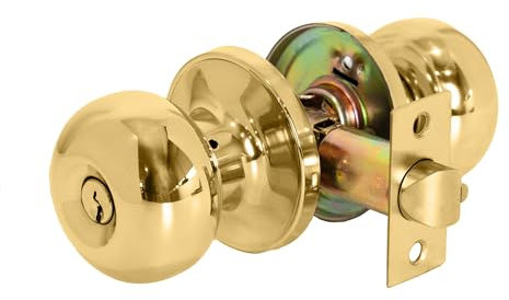 XFORT Bello - Juego de pomos de entrada de latón pulido, pomo de puerta con cerradura para puertas interiores de madera, juego completo con pestillo tubular y 3 llaves