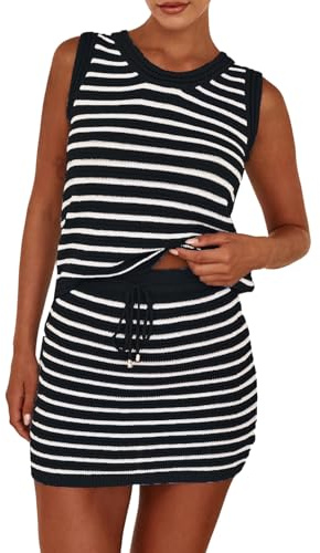 Owegvia Conjunto de punto de dos piezas para mujer, diseño de rayas, sin mangas, camiseta sin mangas, minifaldas, falda a juego, conjunto de vacaciones y playa, Negro, L