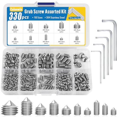 Caianwin 330 Vis Pointeau Set M3 M4 M5 M6 M8 Acier Inoxydable Vis Sans Tete avec Clé Allen pour Poignées de Porte, Robinets, Lampes