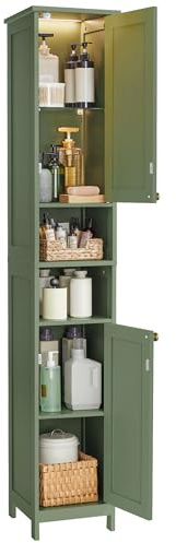 VASAGLE Tall Storage Cabinet with Lights, Slim Freestanding Cabinet with Adjustable Shelves, for Small Spaces, Bathroom, Living Room, Modern, 11.8 Inches Wide, Forest Green UBBC566C01