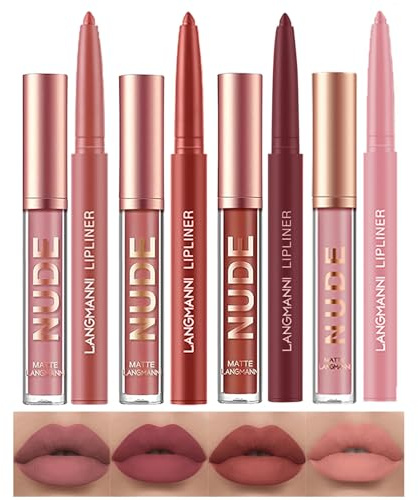 LANGMANNI 4pcs Matte Lipstick with Lipliners Durable Makeup Set,Long-Lasting Non-Stick Cup Not Fade Waterproof Pigmented Velvet Lipgloss Kit Beauty Cosmetics Makeup Gift for Girls(#1357)