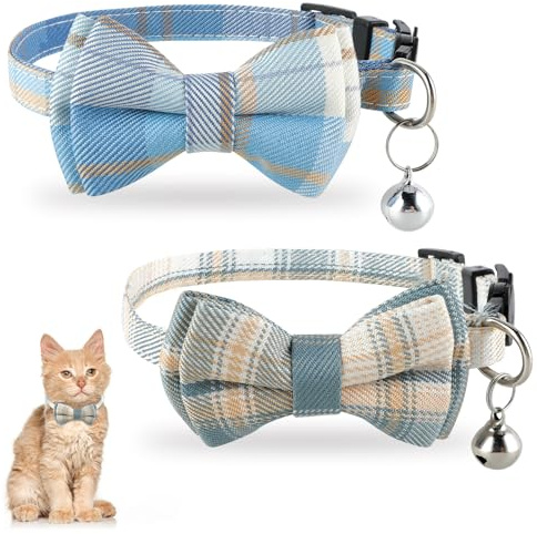 Jeffdad 2Pcs Cat Collar Breakaway, Cat Collar with Bells Bowtie Plaid Cat Collar Adjustable 7.5-12.5 Inch for Kitten Puppy and Small Pets (Blue and white plaid)