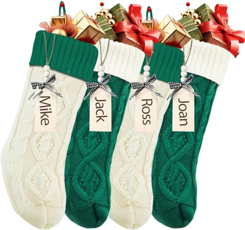 houscly Splicing Color Christmas Stockings With Name Tags, 18Inches Large Cable Knitted Personalized Xmas Stocking For 2025 Xmas Kids Gift, Family Fireplace Holiday Party Decoration G&W(4 Pc)