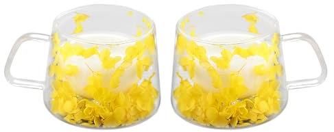 LeKuni Set di 2 tazze a doppia parete con fiori secchi, 200 ml di vetro a doppia parete, tazze da caffè in vetro trasparente per cappuccino, espresso, latte, tè giallo
