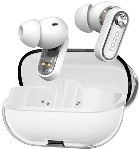 TOZO Crystal Pods Hybrid Active Noise Cancelling Earbuds, 38dB ANC Wireless Earbuds, AI-Enhanced Dual Mics for Clear Calls, Deep Bass, 35H Playtime, IPX5 Waterproof, Bluetooth 5.4, with App Custom EQ