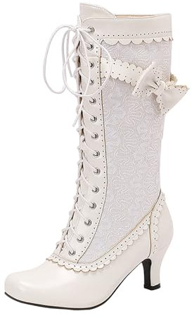 Stiefeletten Damen Vintage Viktorianische Stiefel Schnüren Mittelkalb Oma Stiefel mit Absatz Weiß 39