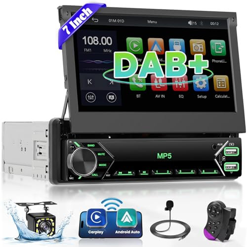 Ohradio DAB/DAB+ Autoradio 1 DIN mit Ausfahrbarem 7-Zoll-Bildschirm, Unterstützt Wireless Carplay & Android Auto, FM-Radio, Bluetooth, SWC, 2USB und Typ-C, Rückfahrkamera + MIC