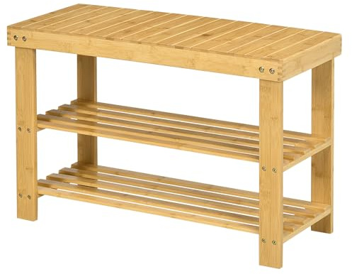HOMCOM Panca Scarpiera da Ingresso a 3 Livelli in Bambù, Scarpiera con Seduta per 6 Paia di Scarpe, Scaffale per Scarpe a Doghe, Portaoggetti, per Ingresso, Soggiorno, Corridoio, 70x28x45 cm, Naturale