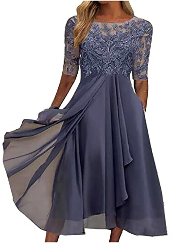 Generico Abiti Cerimonia Taglie Forti Vestito da Donna in Chiffon di Pizzo con Ricamo Lunghezza tè Gancio Porta Borsa Moda