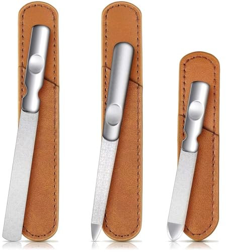 Set di 3 lime per unghie su entrambi i lati, in acciaio inox, con manico antiscivolo, custodia in pelle, unghie naturali, per manicure, pedicure, taglienti, punta per la pulizia per donne e uomini