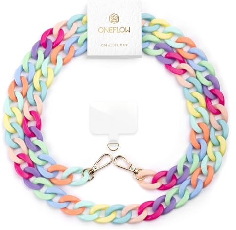 ONEFLOW Universale Handykette zum Umhängen, Einstellbar und Abnehmbar, Designer Handyband für Hüllen, Kette mit Karabiner ohne Handyhülle für alle Smartphones, Chainless Urban Chain, Bunt