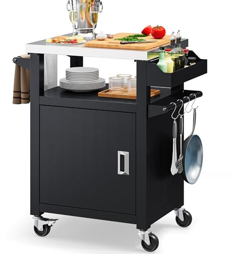 YITAHOME 25 Inch Outdoor Kitchen Rolling Bar Cart with Stainless Steel Top, Grill Table with Storage Cabinet for Patio, Kitchen Prep, Grilling Accessories, Black