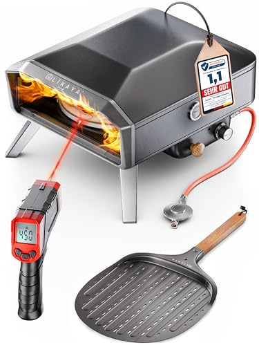 LIKAYA NeroSpin Pizzaofen 12” All-in-one Set – 6,2kW Gas Pizza Ofen 450°C für außen mit drehbarem Pizzastein, Pizzaschaufel, Tasche & Laser Thermometer – knusprige Pizza in nur 90 Sekunden!