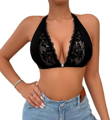GWAWG Floral Lace Front-Fastening Halterneck Bras,Women's Low-Back Comfort Non-Wired Support Bras for Party,Gala,Singing Dancing Occasions