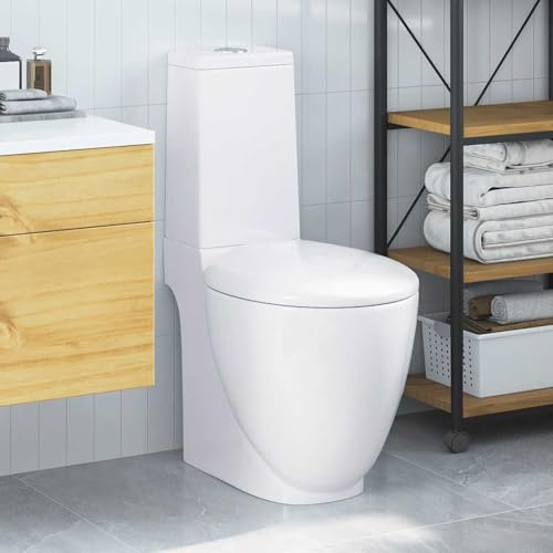 Gecheer 3059888 - Toilettes en céramique pour salle de bain - Rondes - Sortie verticale - Blanc - Avec réservoir de chasse et siège à fermeture douce - Pour appartement, bureau, hôtel