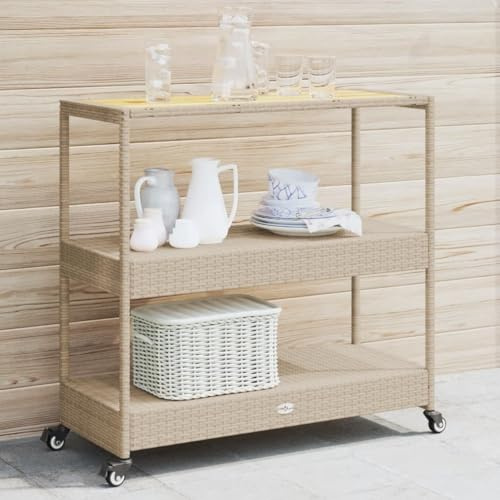 Lumanois Carrito de Bar 3 Niveles ratán PE y Madera Maciza Acacia Beige,Mobiliario,Carros e Islas,Carros de Cocina y Comedor,13.2kg-368725