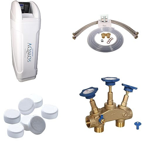 Aqmos FM-60 Wasserenthärtungsanlage im Set mit Montageblock und 100kg Regeneriesalztabletten | Wasserenthärtungsanlage für Haushalte bis zu 5 Personen | Entkalkungsanlage | Antikalkanlage