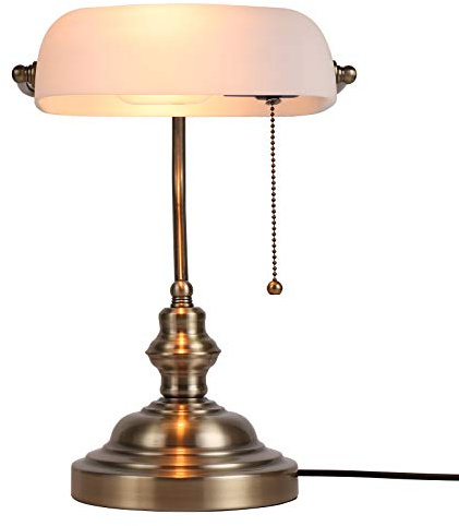 Newrays Glass Bankers Desk Lamp with Pull Chain Switch Plug in Fixture,Satin Brass Finish (White)