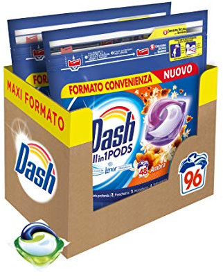 Dash Pods All in 1 Detersivo Lavatrice in Capsule, 96 Lavaggi (2 x 48), Ambra, Maxi Formato, Morbidezza e Protezione delle Fibre, Efficace Anche a Bassa Temperatura