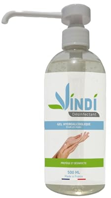 Vindi Désinfectant gel hydroalcoolique - Flacon pompe de 500ml - Fabrication Française - 76% d'alcool - virucide