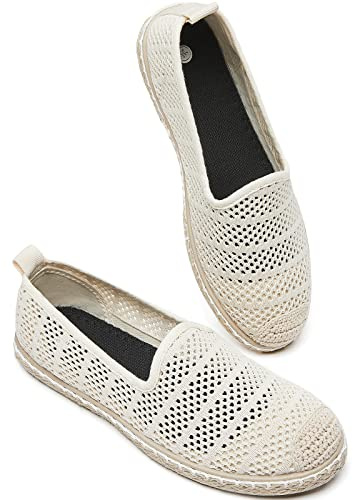 BABUDOG Women's Breathable Mesh Flats Shoes, Soft Loafers Flats, White Slip on Shoes Loafers(Beige.US6)